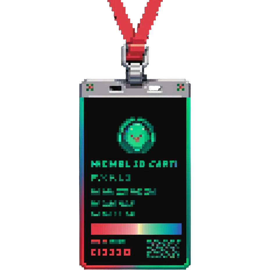 Member ID card with green to red gradient holographic effect and pixel art design emoji