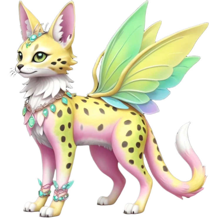 Epic complex knightly divine glorious futuristic detailed dark dusky gloomy pastel pink-pastel-green-pastel-yellow-white-gradient-iridescent, realistic Fakémon-Sprigatito-Floragato-Meowscarada-Trico-Sergal-Serval-Vernid-creature (full body) with bracelets and anklets and fairy wings emoji