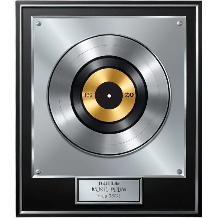 A platinum music award plaque: a square, polished platinum plate with a subtly textured, mirror-like finish, mounted on a simple dark metal base. The center features a relief of a or stylized vinyl record in a slightly darker metallic tone.  emoji