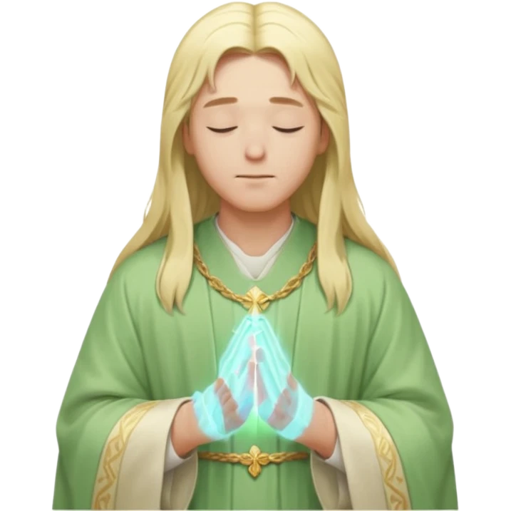 a young bishop, long blonde hair, light green wide, flowing outer robe. hands clasped together, eyes closed. Soft light, subtle fern. Waist-up, profile. emoji