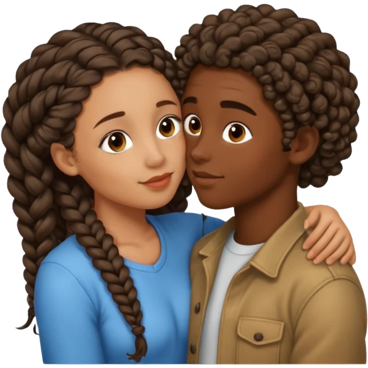 darkskin girl with braids kissing light skin boy with curly hair emoji