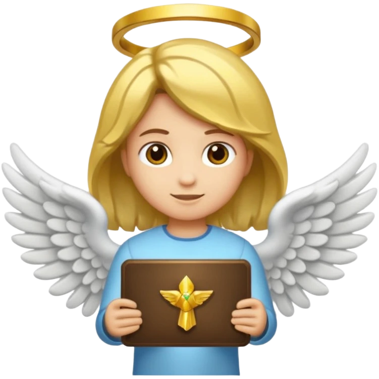 "Um emoji de anjo com cabelos loiros, um halo, asas, segurando um sinal de 'compartilhar' em letras em negrito." emoji