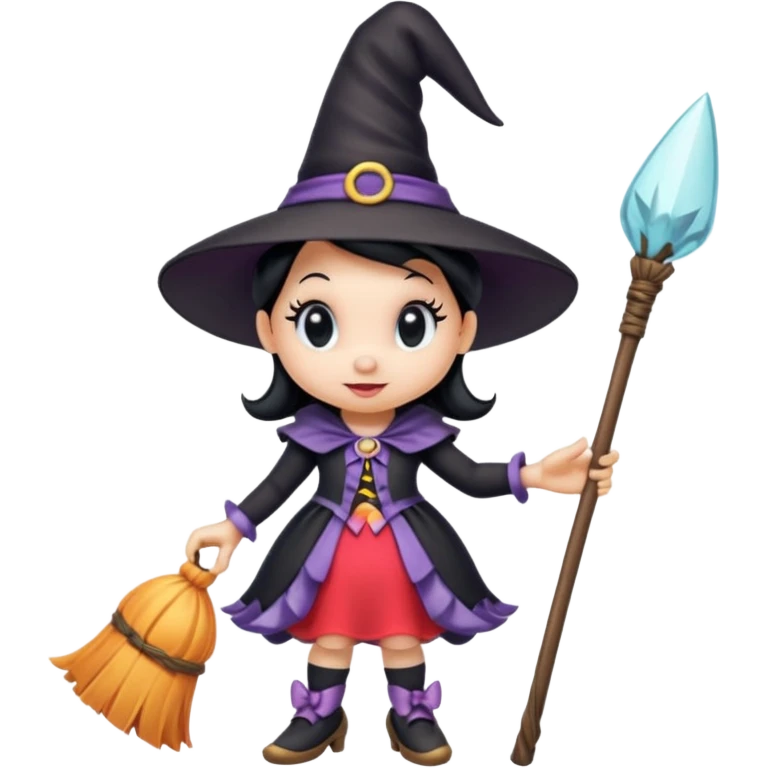 
Minnie as a witch (hat + broom)  cartoon -style/cute and transparent for a sticker emoji