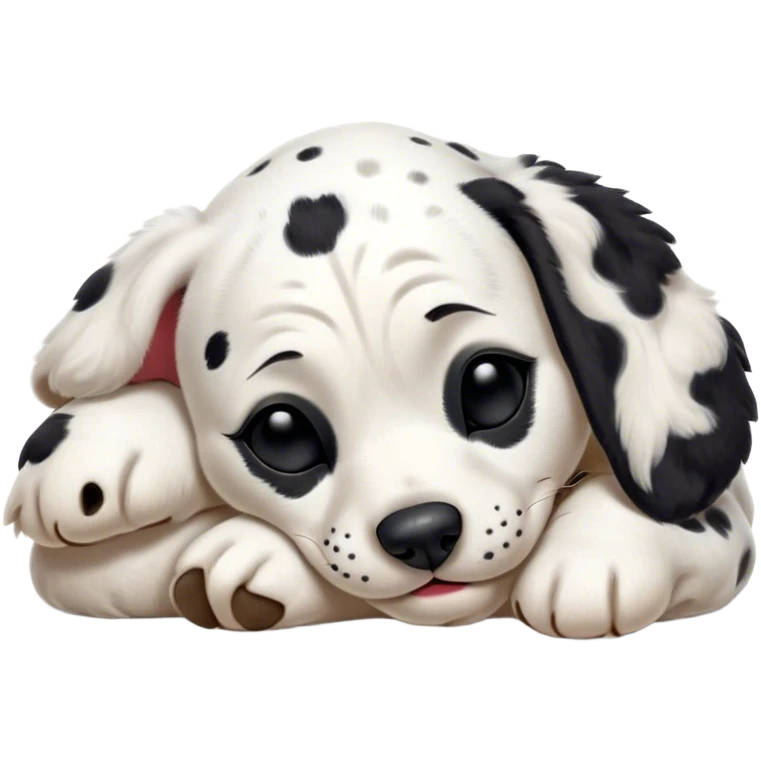 Meme-Worthy Cute Sleeping Spotted Dalmatian Portrait Emoji, Head resting peacefully with a contented smile, showcasing a delightfully majestic build and a luxuriously soft Fur of predominantly white with bold black patches, eyes shut in a serene nap, Simplified yet hilariously adorable features, highly detailed, glowing with a soft, drowsy light, high shine, relaxed and utterly lovable, stylized with an air of playful laziness, bright and heartwarming, soft glowing outline, capturing the essence of a comically sleepy guardian, so meme-worthy it feels like it could instantly become the next viral sensation of adorable slumber! emoji