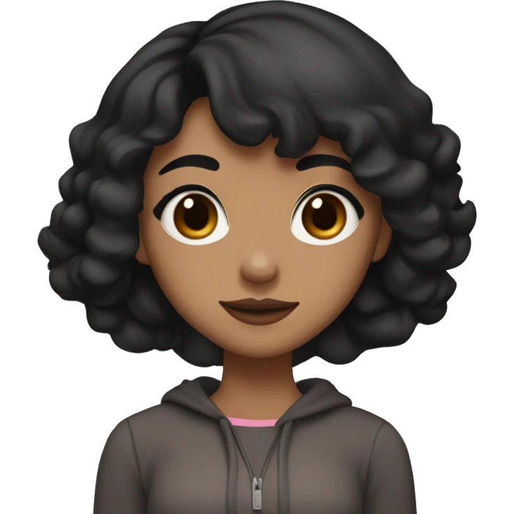 cute teenage girl with shoulder-length black hair and black eyes having a medium-brown skin tone. She wears modest clothing, avoiding revealing styles. Her facial features, particularly around the mouth are welldefined, and she is wearing pink lipstick emoji