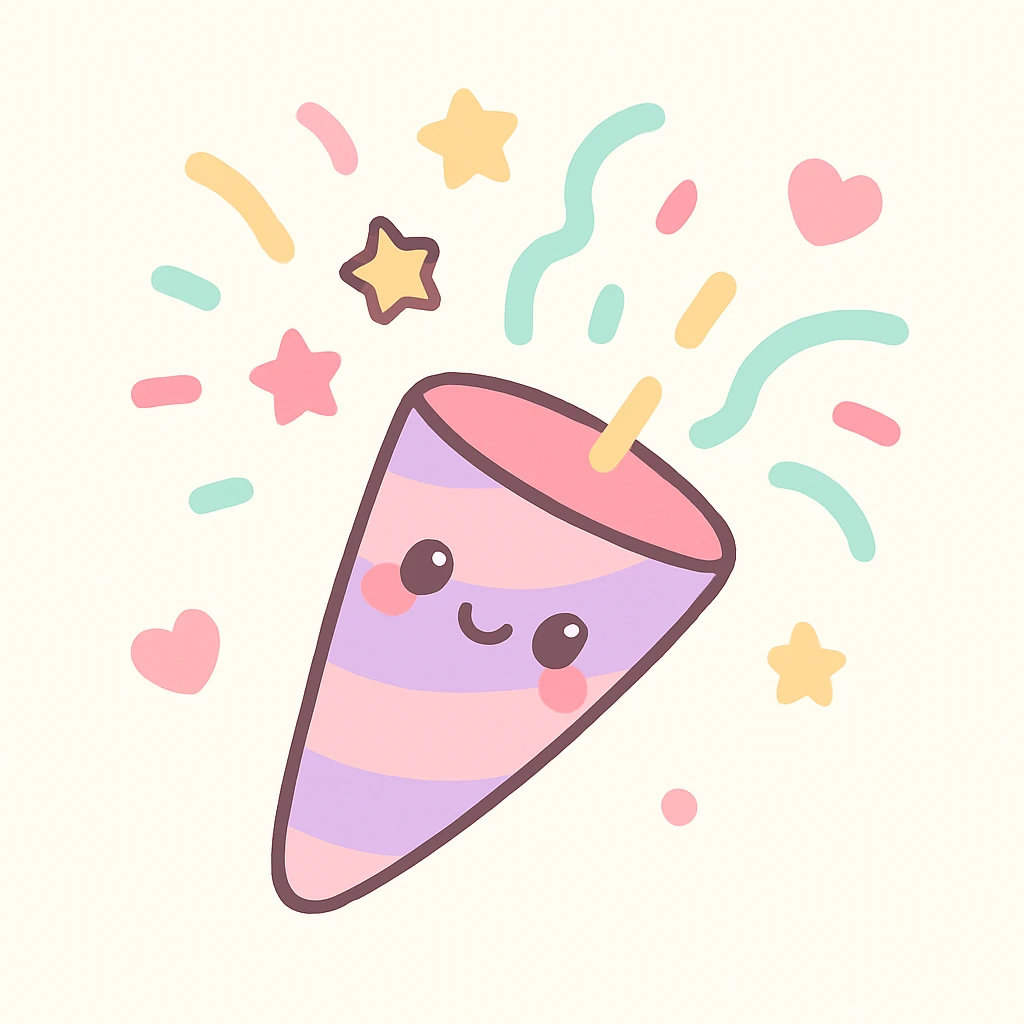 kawaii style party popper, pastel colors, happy expression, confetti flying, clean background emoji