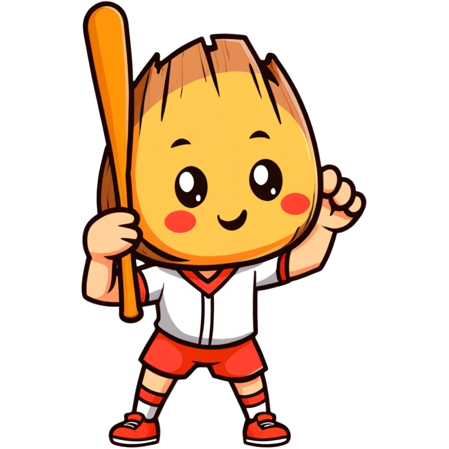 a wooden log with thin stick legs, cute cartoonish face, holding a baseball bat emoji