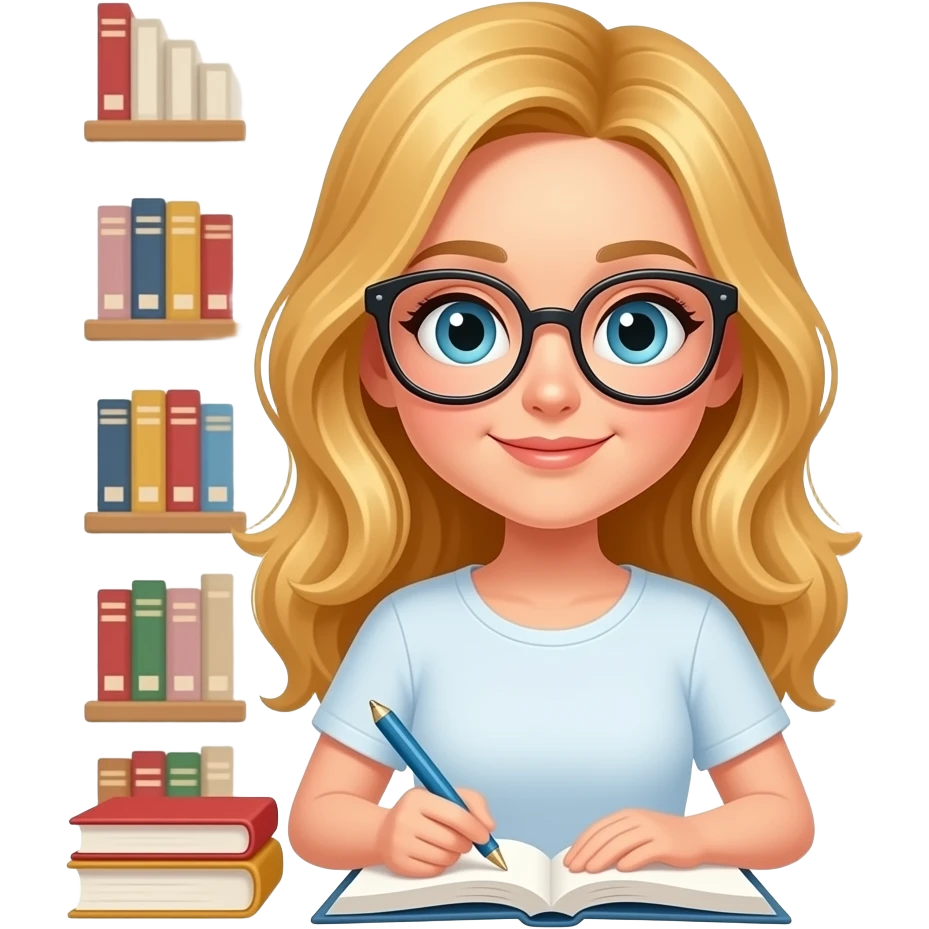 que el fondo sea en la biblioteca. chica con gafas rubia estudiando emoji