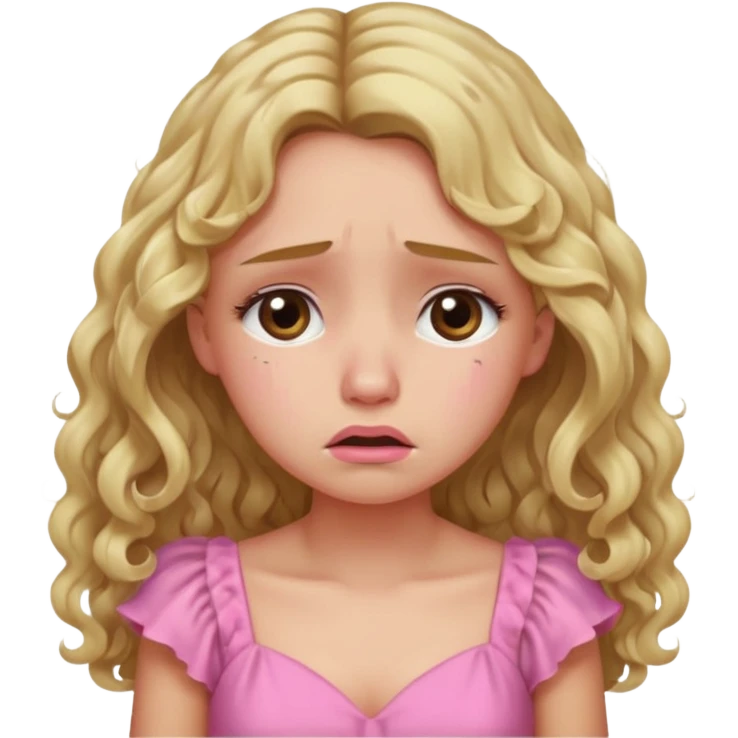 the girl is that crying with tears she has brown eyes and blond long hair curly pink dress  emoji