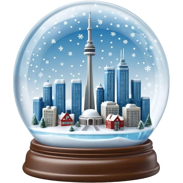 A beautiful hyperrealistic Glass Snow globe, with a miniature Toronto City showing the CN tower, the highways and the frozen lake, all within the beautiful global, full of snow, expressing  a snow storm in ontario.  Isolated, 3D render  emoji