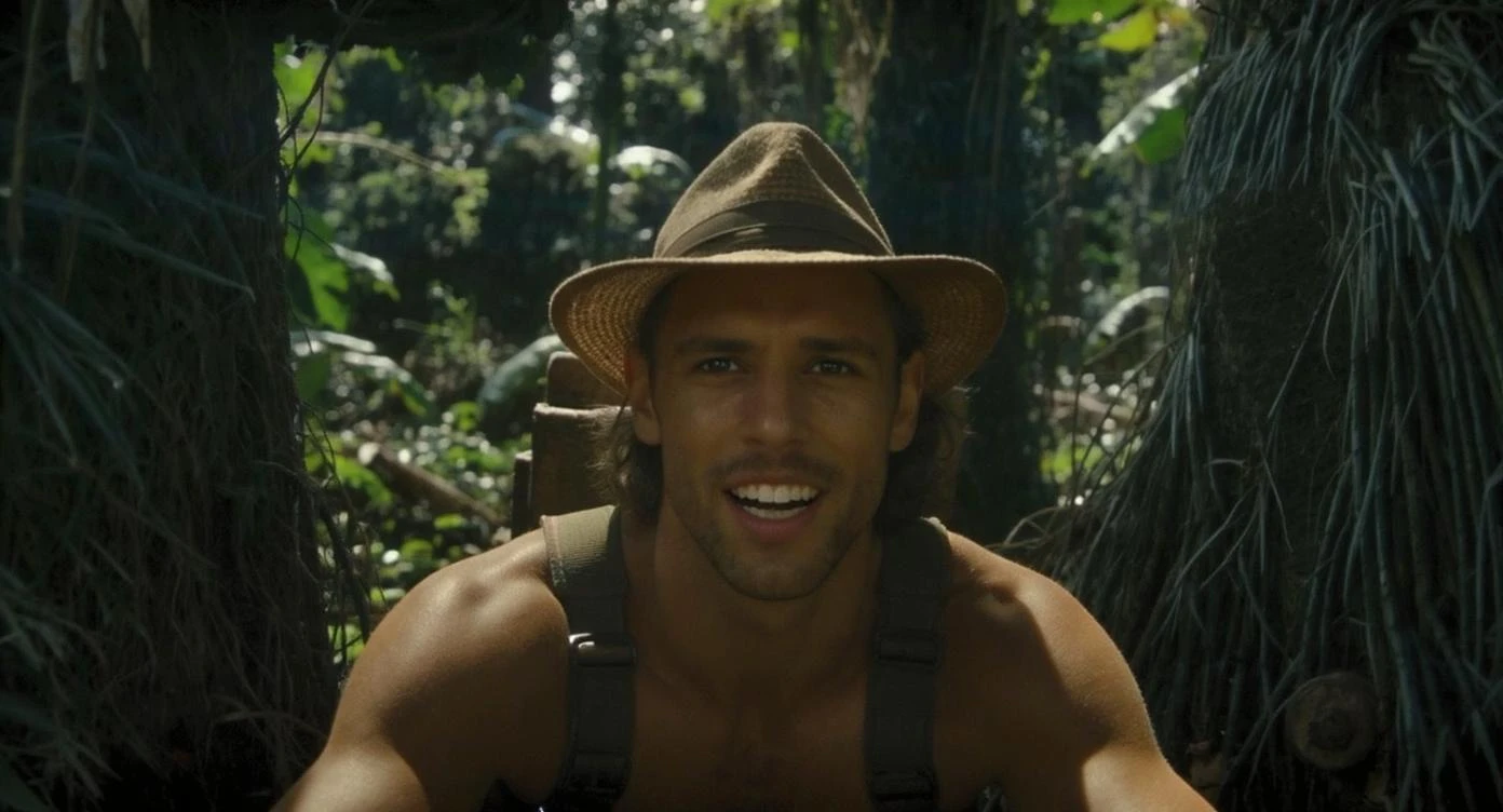 cinematic still, documentary photography, amazon jungle, well lit scene, man is exploring the jungle, close up, front shot, rule of thirds emoji