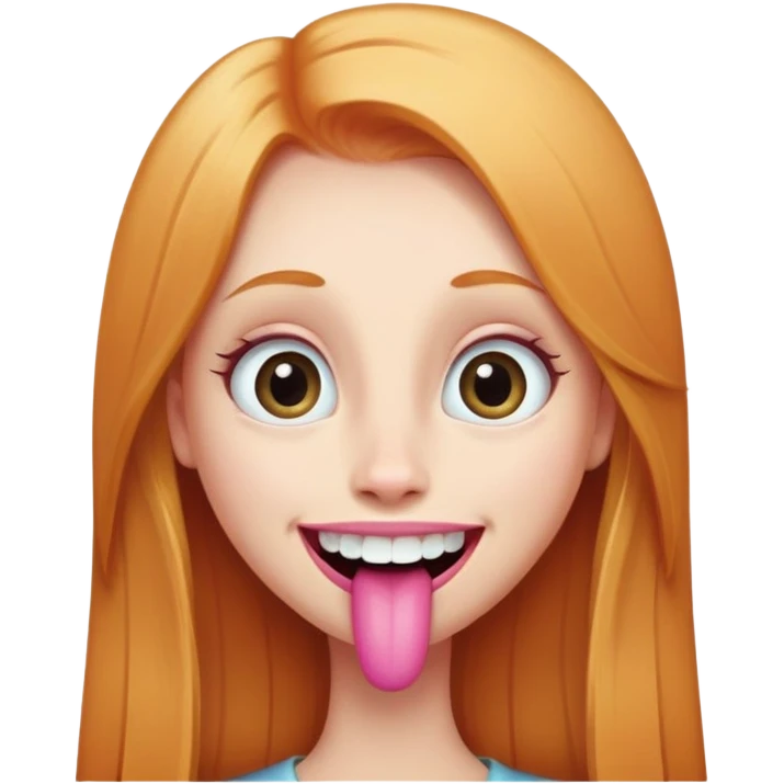 young girl with long straight ginger blonde hair, long face, big eyes, big long nose, big pink mouth with large teeth, exaggerated smile emoji