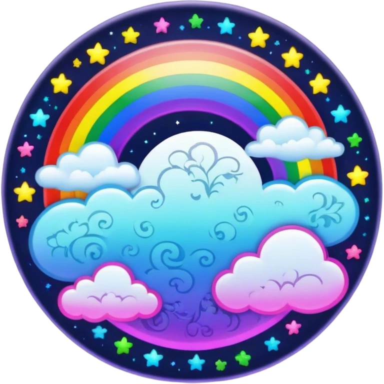 Beveled button with Neon rainbow colored damask style full moon with stars and clouds in the center emoji