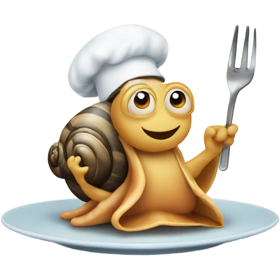 A snail holding utensils with a bib on emoji