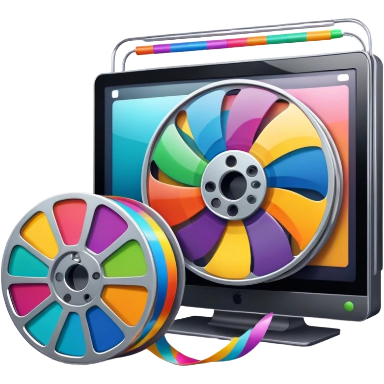 Create a vibrant and modern icon representing Animation and Motion Design, featuring elements like a film reel with Rolling colorful film, a computer screen, and dynamic motion lines.  The design should be visually engaging, colorful, and dynamic, without any emojis. The background is transparent. emoji