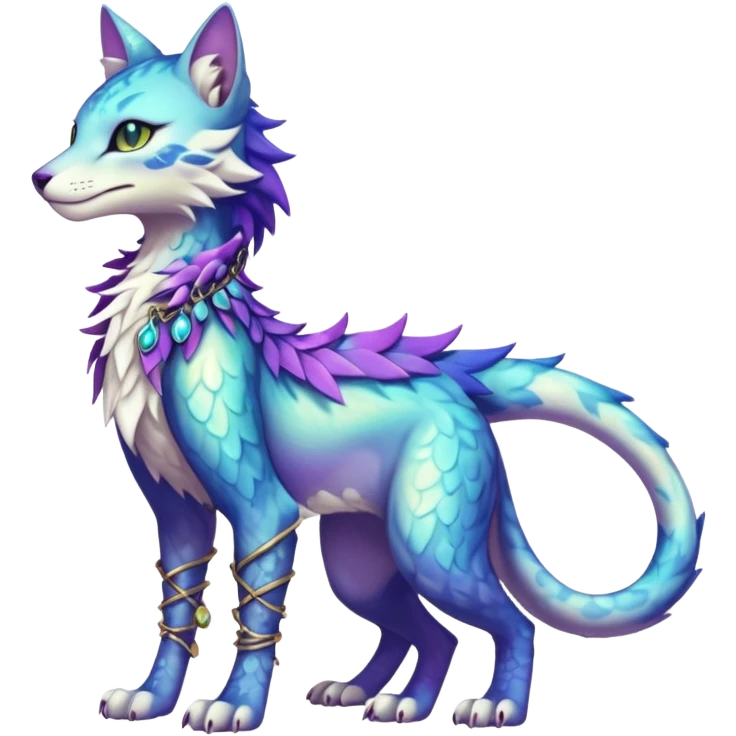 Kawaii iridescent beautiful pretty elegant divine edgy fantasy feline-vernid-sergal-fursona-animal-creature with accessories, full body, with intricate detailed markings emoji