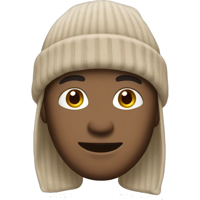 A person with medium-length dark-brown hair, beige beanie, brown eyes, No body only head, face. emoji