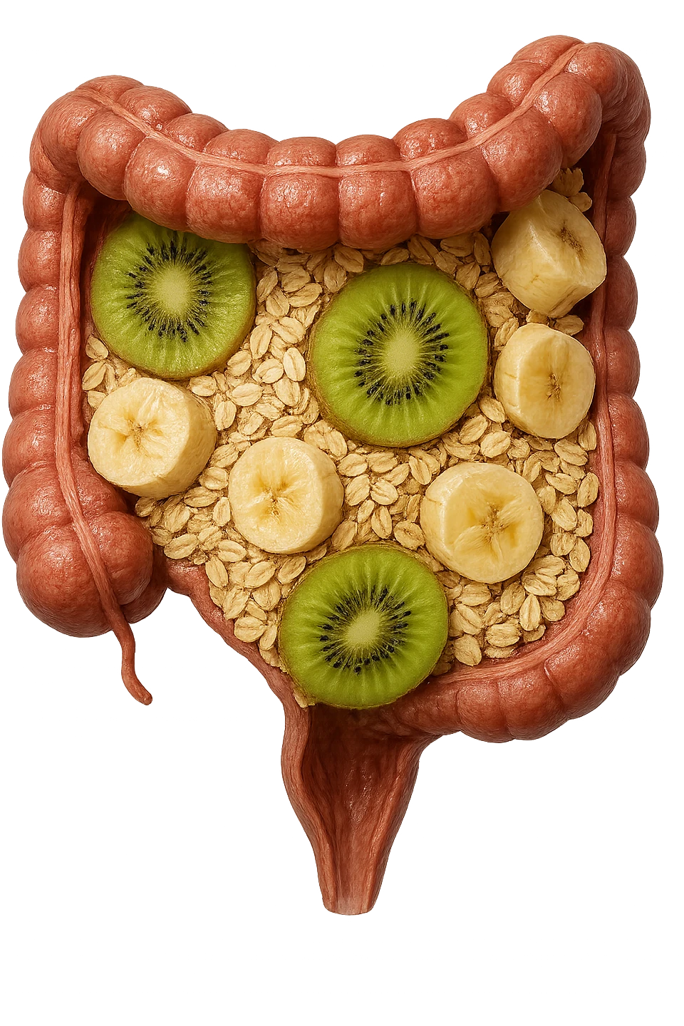 avena, kiwi e banana all'interno di un colon umano anatomico realistico, iperrealistico 4k emoji