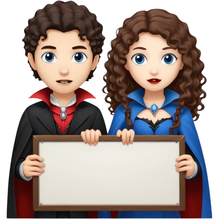 Asian boy and white girl with long brown curly hair and blue eyes Vampires holding a large blank sign emoji