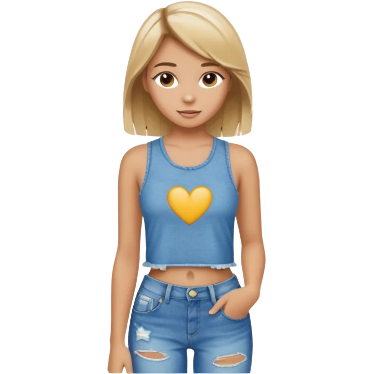 preppy teen girl, tan, blonde highlights, brown hair, long eyelashes, beach aesthetic, wearing cute clothes, sexy, wearing ripped blue jeans with a crop top emoji