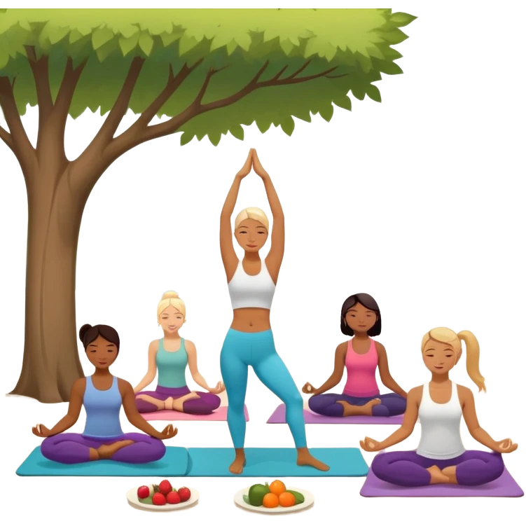 A person moves through a gentle yoga pose in the morning sun, one hand reaching up, the other near a plate of vibrant whole foods and a bottle of water. A cozy bed sits behind them, glowing softly. Nearby, a small group of friends laughs together under a tree—health, movement, nourishment, rest,  emoji