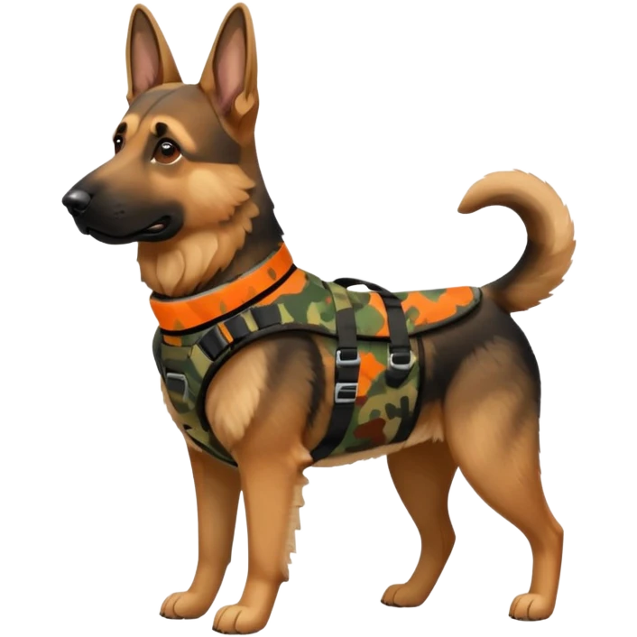 German shepherd dog with camo harness  emoji