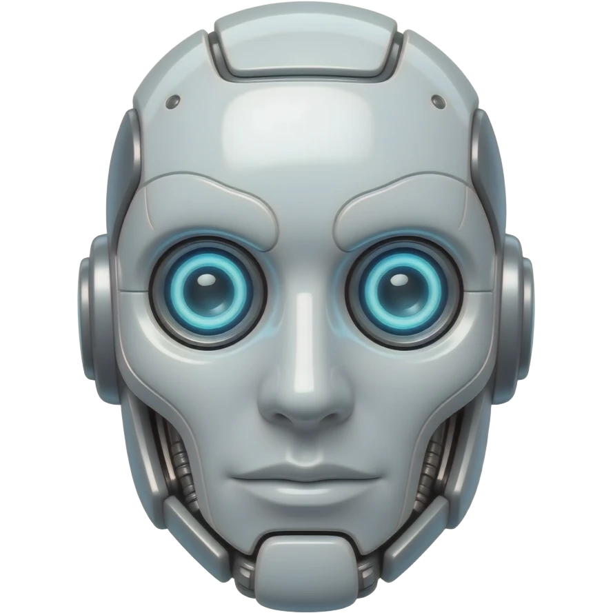Glossy 3D rendered robot head emoji, front-facing, detailed with distinct mechanical features, slightly rounded edges, soft shading, white background emoji