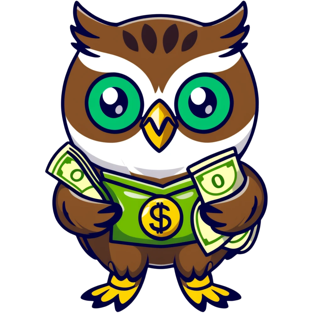 charming pastel-toned owl character, large green eyes, golden feathers, holding a money pouch in its feet, sticker style, emphasizing sparkling effect emoji