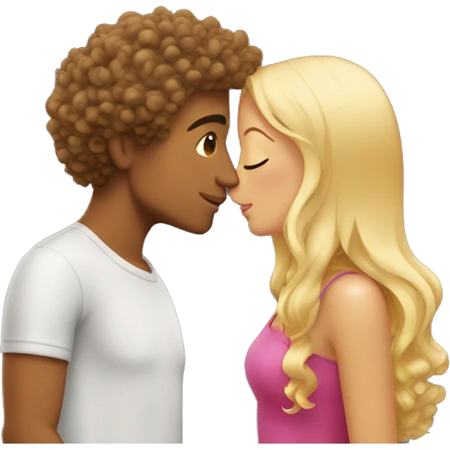 Tanned curly hair man kisses a blonde girl with straight hair  emoji