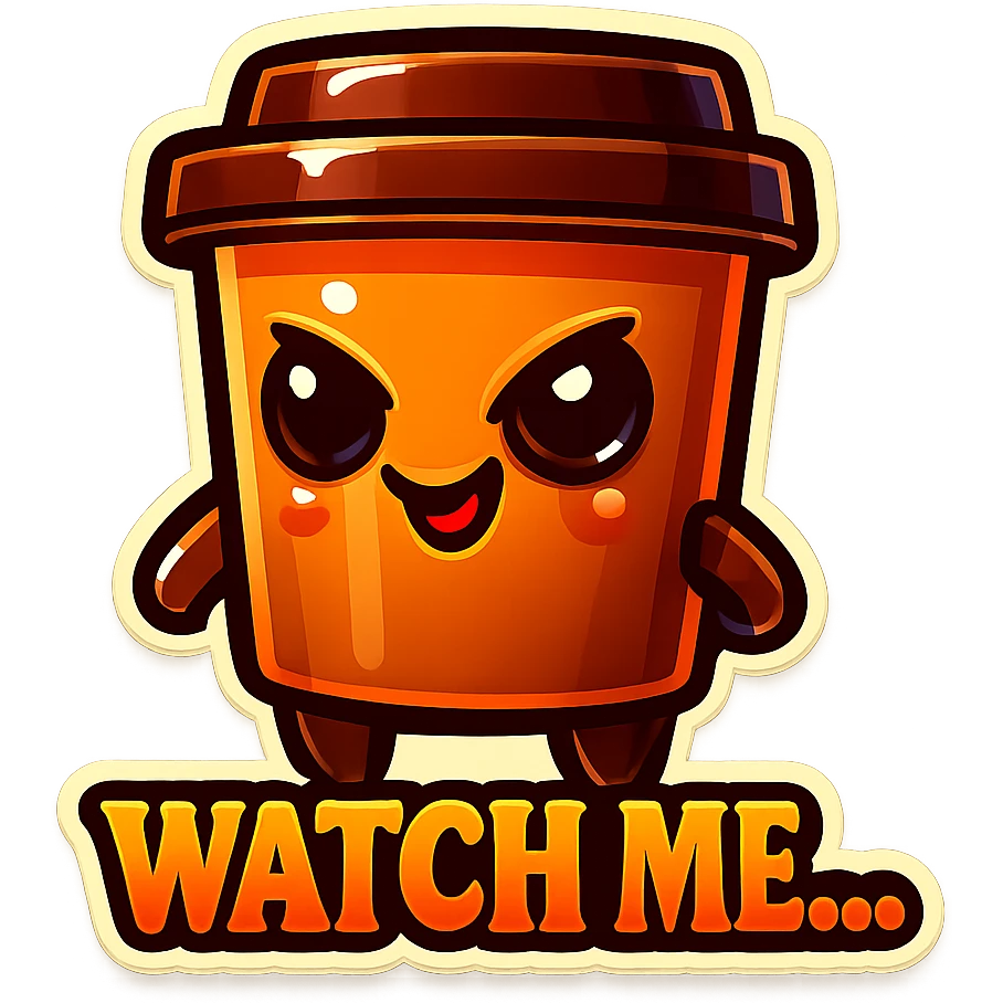 Tall coffee cup, mischievous eyes, "Watch me..." emoji