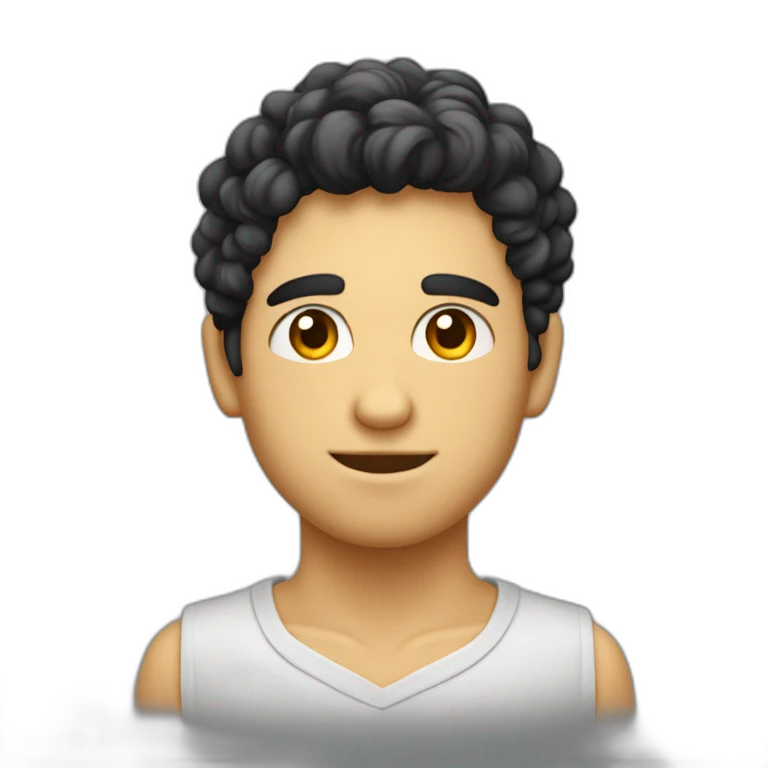 jeune homme avec des cheveux châtains clairs bouclés, des yeux bleus clairs et une chemise noir emoji