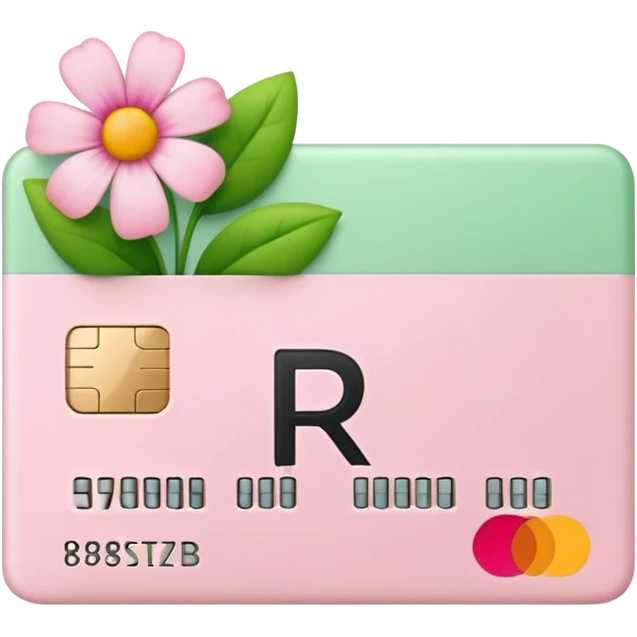 Pale Pink and green cute credit card, flowers growing around it , clean aesthetic, letter R on it emoji
