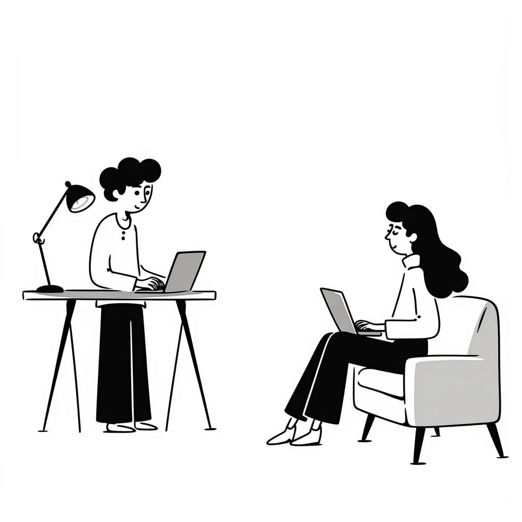 escenary 3d of a cozy mid-century living room with two people working on laptops, one man standing at a desk and one woman sitting on a couch, two walls and floor visible emoji