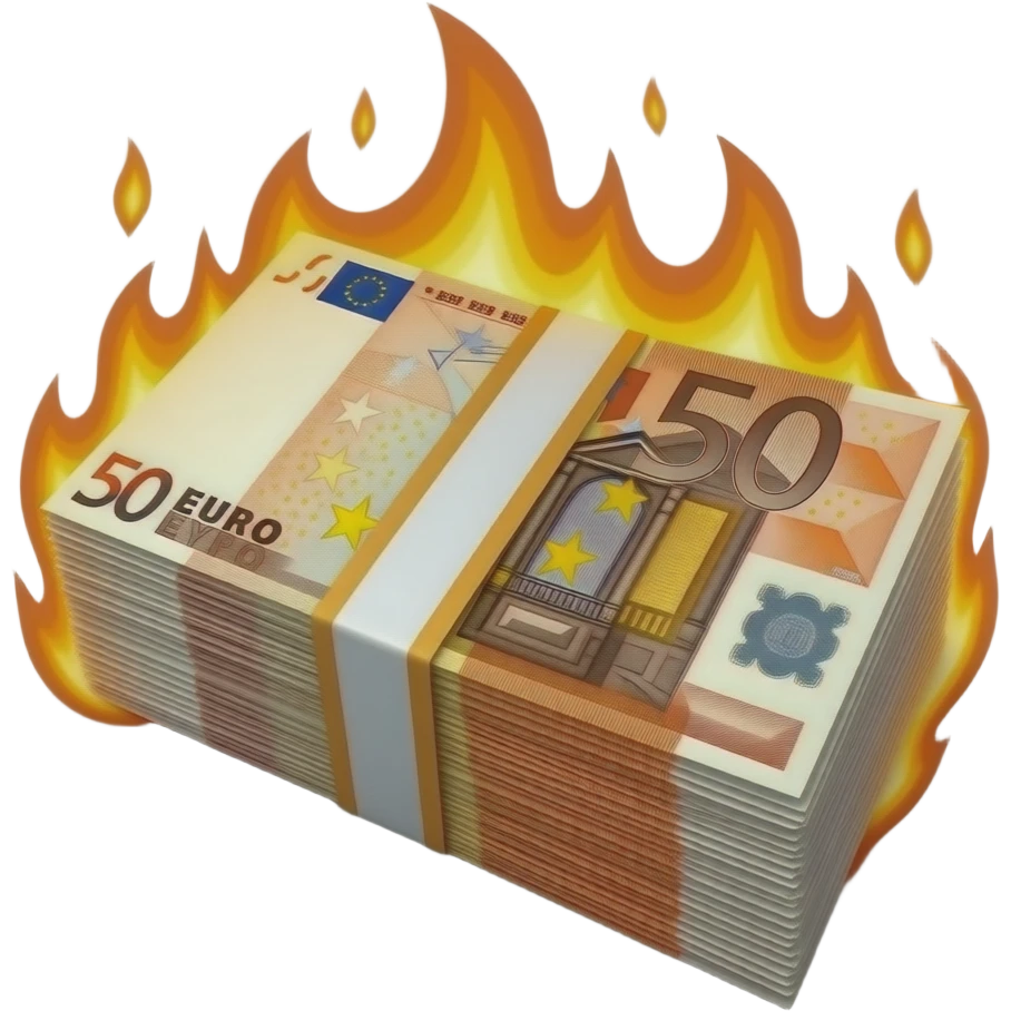 stack 50 euro banknotes burning with flames glossy reflections. Intense emoji-style flames bright white-hot cores, soft glow, translucent edges, and dynamic curling motion. Cinematic high-contrast fire lighting, ember sparks, glossy reflections. Money stack, Transparent background. emoji