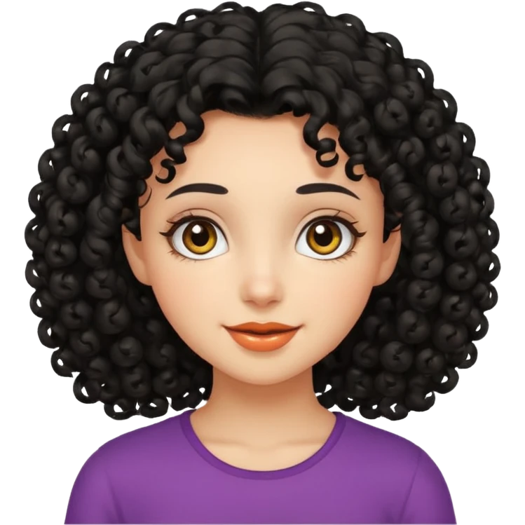 girl, black curly hair, hazel eyes, cheerful face emoji