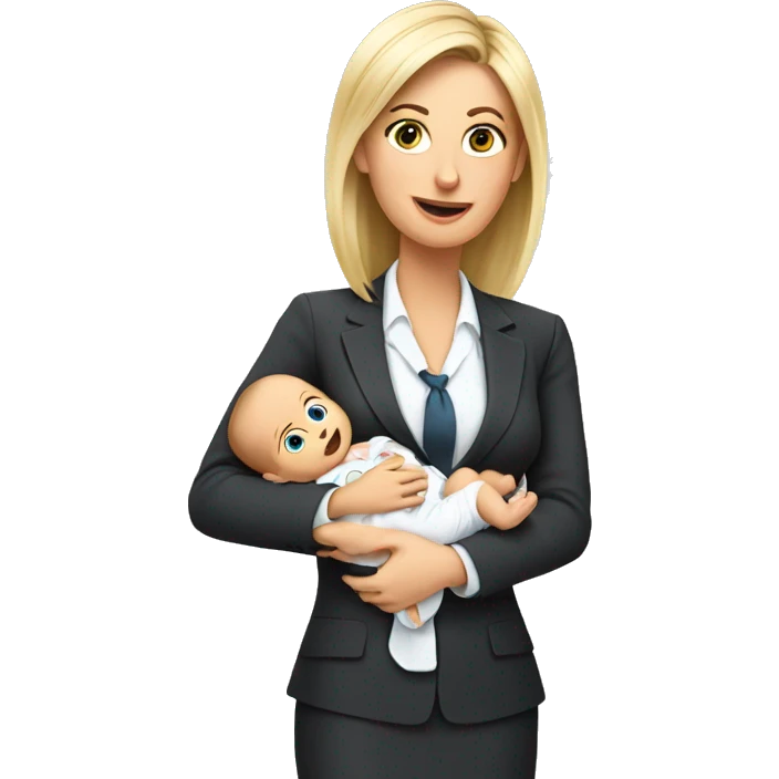 Busy european mom in businesssuit with baby emoji