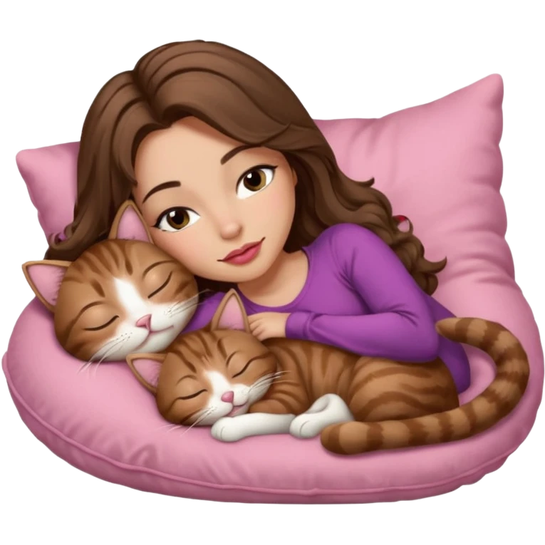 girl with long wavy brown hair, brown eyes, long lashes makeup, sexy pink lips, light to medium complexion,  sleeping on a cozy pillow, with brown tabby cat, sleeping emoji