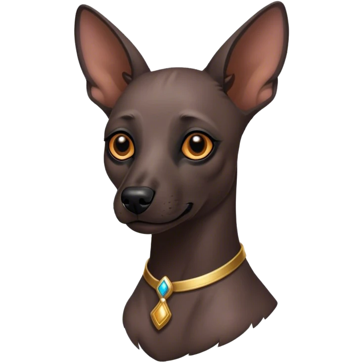 Cinematic Noble Xoloitzcuintle dog Portrait Emoji, Poised and regal, with a sleek, muscular build and smooth, hairless ebony skin accented by subtle wrinkles, deep-set soulful dark eyes, Simplified yet sharp and sophisticated features, highly detailed, glowing with a soft, dignified glow, high shine, intelligent and loyal, stylized with an air of ancient grace, focused and attentive, soft glowing outline, capturing the essence of a watchful and confident guardian, so majestic it feels as though it could stride out of the screen with effortless authority! emoji