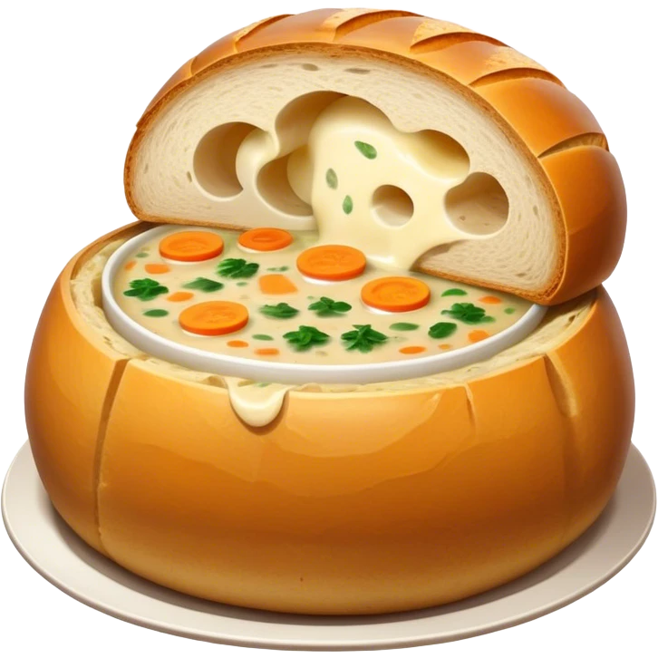 Żurek Cinematic Realistic Żurek Soup Dish Emoji, depicted as a tangy rye soup served inside a hollowed-out round loaf of bread, rendered with rich textures and dynamic, comforting lighting. emoji