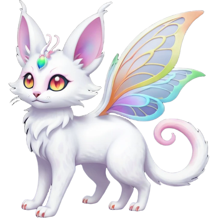 Pure-snow-White albino iridescent with pastel rainbow-gradients-color-markings with swirly patterns butterflies  faerie-Noivern-Noibat-Purloin-Torracat-Lykoi-Caracal-cat-Fakemon-fusion-hybrid-creature emoji