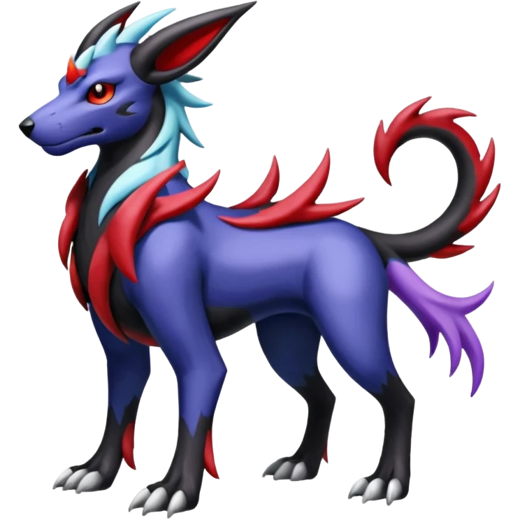 Black and blue and red and purple and white and grey colorful shiny edgy cool badass Manectric-Zygarde-Houndoom-fusion-hybrid-Fakémon-creature, full body emoji