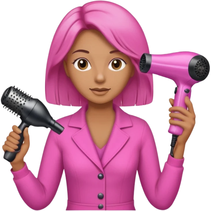 peluquera con secador de pelo y peine en la mano, vestida de rosa emoji