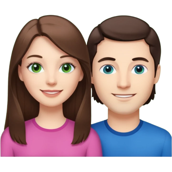 “A pink Polaroid-style photo of a couple: a white woman with long brunette hair and blue eyes, and a white man with short brunette hair and green eyes.” emoji