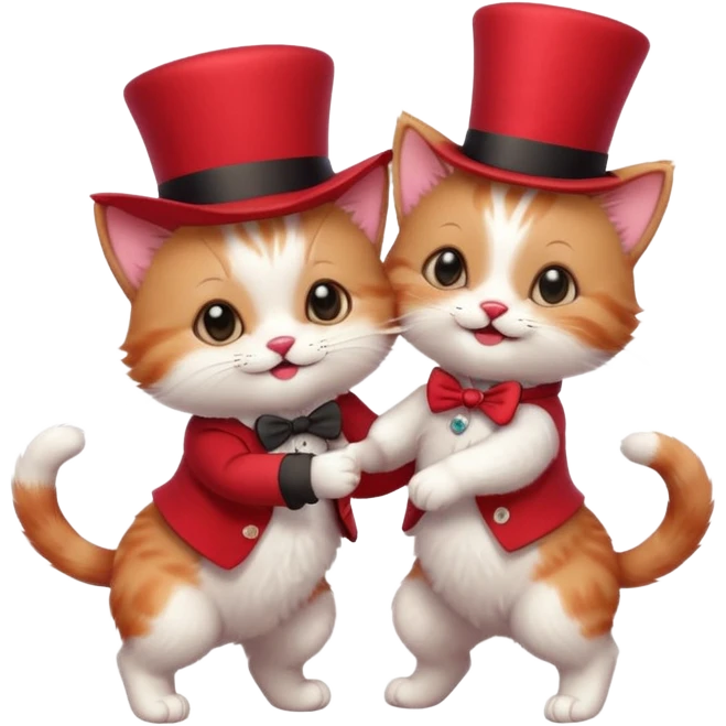 Steampunk:a very cute and adorable anthropomorphic baby cat with a red top hat is dancing with a puppy emoji