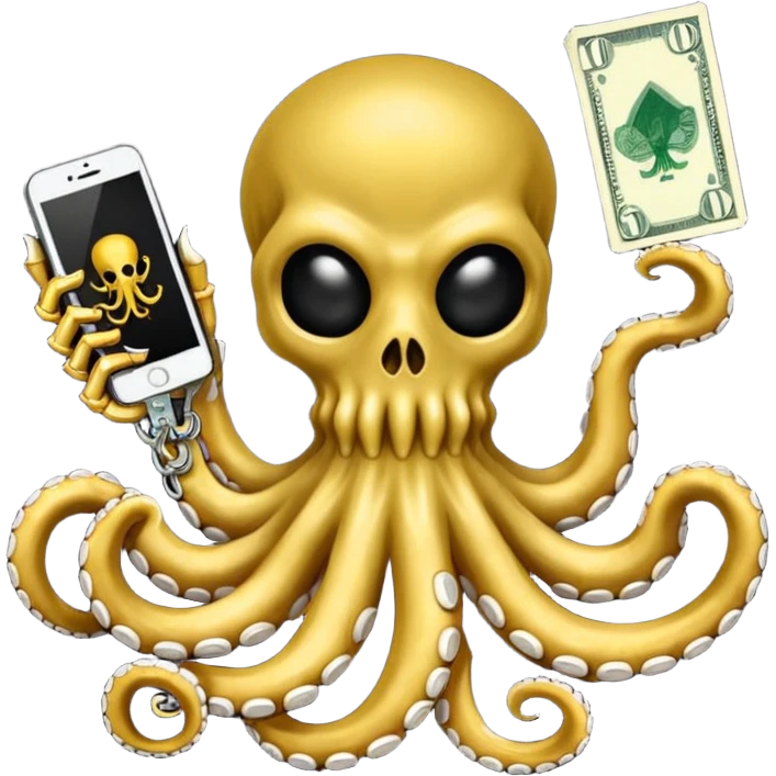 satanic octopus skeleton with scary evil eyes wearing a gold necklace and balaclava. 1 tentacle is holding a cellphone, 1 tentacle is holding a bone, 1 tentacle is holding a stack of cash. emoji