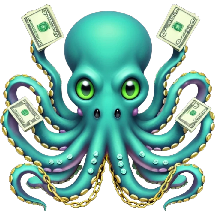 Intimidating octopus with pearl black skin, neon suction cups. Evil glaring eyes. Wearing a thick gold chain. 2 tentacles are holding their own cellphone, 2 more tentacles are holding stacks of money. emoji