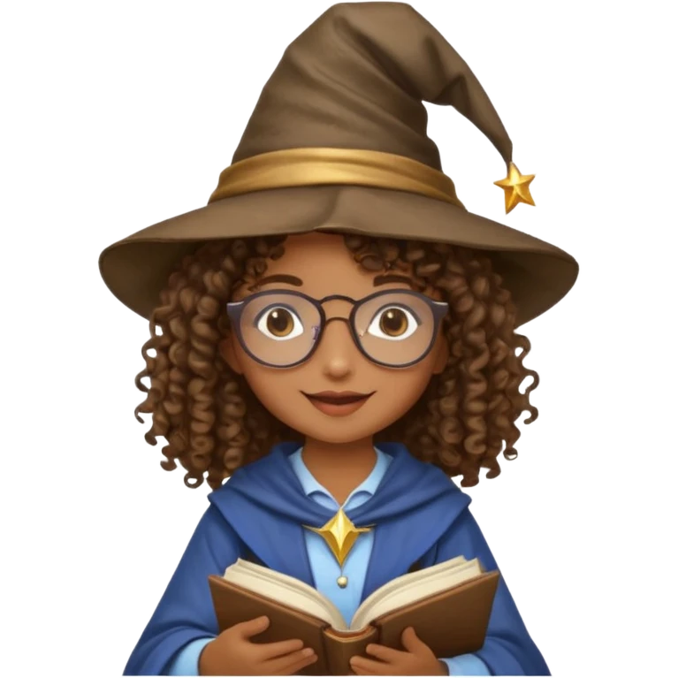 A Joyful child Female with Brown skin and Curly hair, wearing a Traditional outfit, a Wizard hat, Sunglasses, carrying a Spellbook, working as a farmer, while drinking Coffee and reading a Textbook. emoji