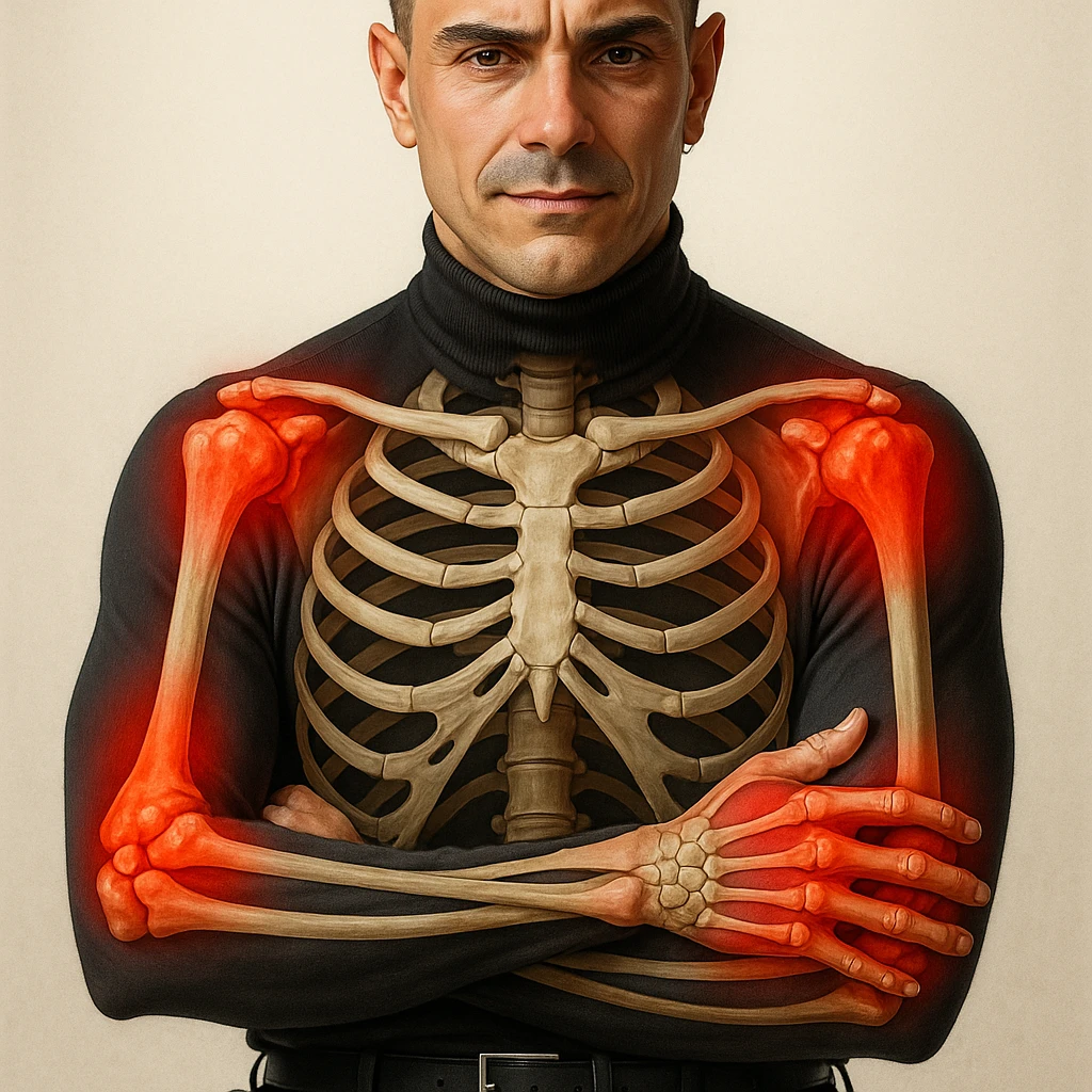Create a series of 5 vertical images of a man (reference photo) with widespread joint pain, highlighting inflammation with an anatomical view. Show red zones on the joints, medical style, anatomical details, hyperrealism, variation 3. emoji