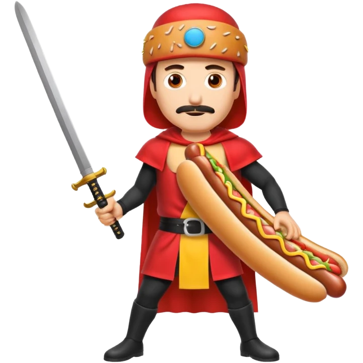 Middle aged attractive man wearing a hot dog costume wielding a katana emoji