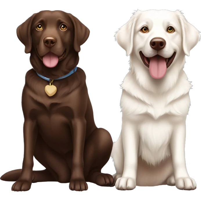a sitting chocolate labrador, and a sitting cream, white Australian Shepard emoji